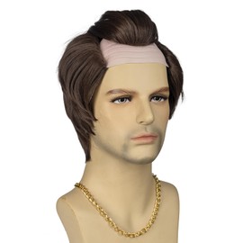 FATMAUI Short Brown Balding Man Cap Receding Hairline Synthetic Funny Costumes Wig with Gold Chain