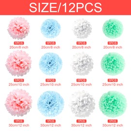 12pcs Colorful Tissue Poms Poms Set,Theme Paper Flower Ball,Pink Blue White Green Decoration for Party Birthday Wedding Ceremony Graduation Prom Ball Baby Shower 7.8+10+12 in
