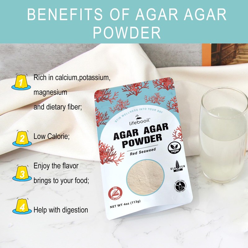 Agar Agar Powder, Vegan Unflavored Gelatin Substitute, Non-GMO, Gluten Free,
