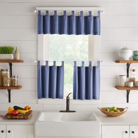 Elrene Home Fashions Tucker Solid Button Tier Window Curtains for Kitchen or Bathroom, 30 Inches by 36 Inches, Blue, Set of 2