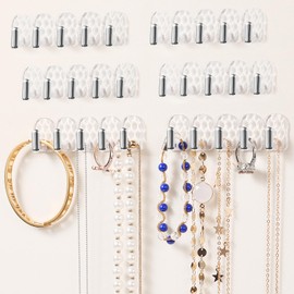 FVNLST Wall-mounted Jewelry Organizer, Self-adhesive Necklace Holder, Mini clear Hooks for Bracelets, Earrings, Keys and Small Items (Clear-30hooks)