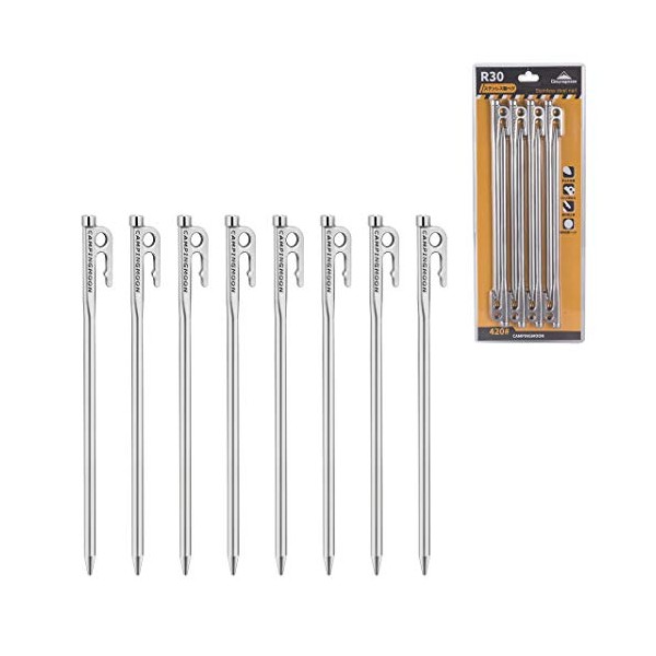 CAMPINGMOON 11.81-inch 8pcs Martensitic Stainless Steel 420J2 Hardened Forged Tent Stake Power Peg Ideal for Hard Ground R-30-8P