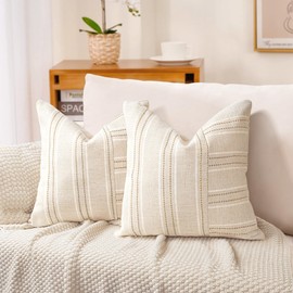 AELS 16x16 Decorative Farmhouse Linen Throw Pillow Covers, Boho Textured Pillow Case, Set of 2, Beige with White & Brown Stripe Patchwork Cushion Cover for Sofa Couch Living Room (Cover ONLY)