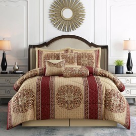 Stratford Park Gold/Wine King Comforter Set, 7 Piece, Burgundy Home Decor, Premium Lightweight Microfiber, Bedskirt, Pillows & Shams