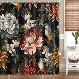 BIVINAR Extra Long Vintage Peonies Roses and Birds Shower Curtain 72 x 84 Inch, Waterproof Fabric Floral Bathroom Shower Curtain with 12 Hooks