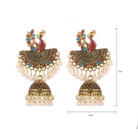 Pearl Jhumka Bell Beaded Peacock Indian Stud Large Dangle Earrings for Women Girls Fashion Bohemian Vintage Animal Studs Exaggerate Unique Dangling Traditional Jewelry Party Birthday Gifts (Colorful)