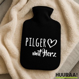 Huuraa Wärmflasche Pilger mit Herz Geschenk 1,8 Liter Black Classic Veloursbezug Pilger Präsent