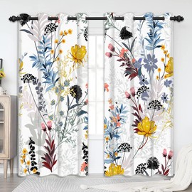 Renaiss Botanical Plants Blackout Curtains, Wild Flowers Plants Print Thermal Insulated Bedroom Window Curtains, Boho Floral Window Drapes for Living Room, 84" L x 53" W 2 Panel Set