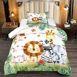 Yilinata Kids Comforter Set Jungle Safari Animals Printed Pattern Quilt Bedding Set with 1 Comforter and 1 Pillow Cover for Boys Girls Bedroom All Season, Twin 68x90inches