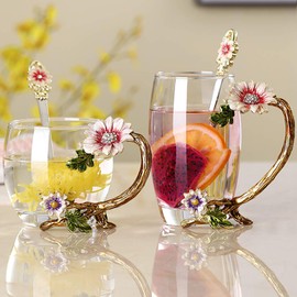 JY-Danbady JY-Danbady Enamel Sunflower Crystal Lead-Free Glass Tea Cup with Spoon Set, Present for The Christmas, Valentine's Day.Best Present for Mother, Grandma, Girlfriend, Sister.