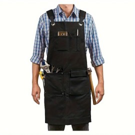 Full Bib Work Apron for Woodworking, Gardening & Kitchen Tasks – Multi-Pocket Oxford Fabric Apron with Cross-Back Straps