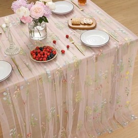 Horaldaily - Mantel de gasa rosa con bordado de flores de 52 x 70 pulgadas, rectangular, cubierta de mesa de tul para primavera, verano, decoración de fiesta de jardín para bricolaje, boda, fiesta
