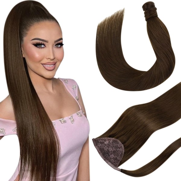 Hetto Real Hair Braid Extensions, Brown Ponytail Extensions, Wrap Around Hair Extensions, #4 Dark Brown, 80 g, 40 cm