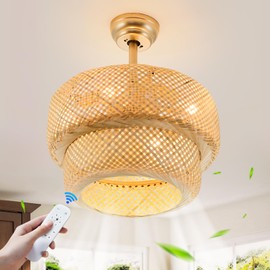 GDLT 19.3" Bamboo Caged Ceiling Fan with Lights and Remote,4-Light Boho Rattan Ceiling Fan with Light Reversible Motor,Gold Rattan Chandelier Fan for Bedroom, Living Room