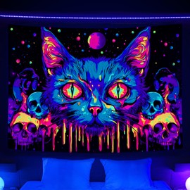 MDUKOIN - Tapiz de terror para gatos con luz negra, diseño de gato gótico y calavera hippie para recámara, tapices UV, pósteres estéticos para decoración del hogar, 60 x 40 pulgadas