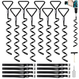 Trampoline Stakes Ground Anchors Screw in, Trampoline Anchors with Strong Straps, Spiral Earth Swing Set Anchor Heavy Duty for Trampolines(Black-8Pack)