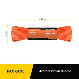 Kamu Synber 550 Paracord 4mm 15m Type III 7 Strands 100% Nylon Rope Parachute Cord Ideal for Crafting, DIY, Camping, Survival, Outdoor | Support 250kg | Orange