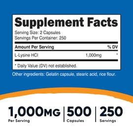 Nutricost Nutricost L-Lysine 500mg (1000mg Serving), 500 Capsules (2 Bottles)
