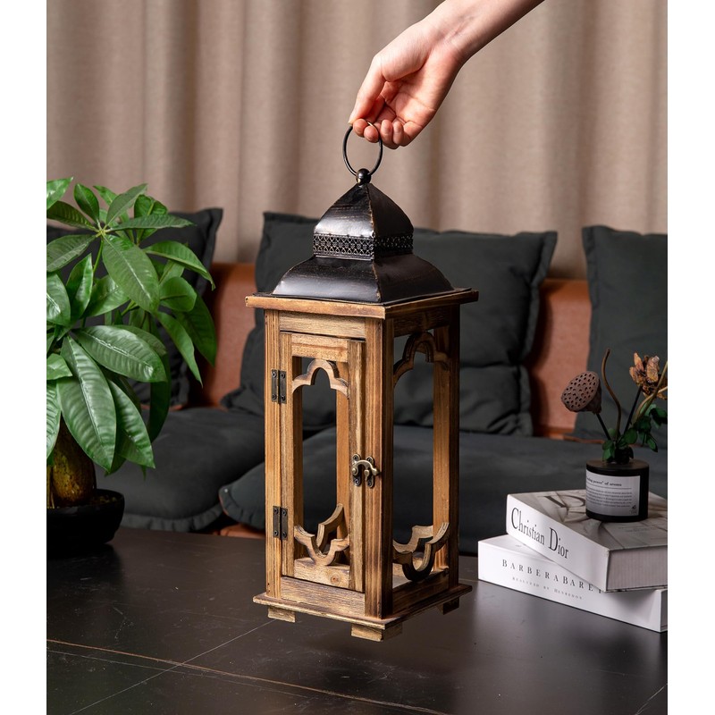 Large Farmhouse Decorative Wooden Lantern Set of 2, Rustic Brown