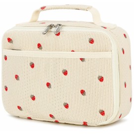 Bluboon Beige Corduroy Strawberry Lunch Box Insulated Cooler Bag for Kids Adults
