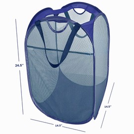[Reinforced] Strong Mesh Pop-up Laundry Hamper, Quality Collapsible Laundry Basket with Durable Handles Solid Bottom High Carbon Steel Frame, Easy to Open and Fold Flat for Storage(Blue)