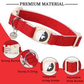 DOGWONG Airtag Cotton Hemp Dog Collar, Heavy-Duty Dog Collar with Airtag Holder Christmas Red Natural Fabric Cute Puppy Necklace for Small Medium Large Dogs