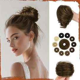 SOFEIYAN Human Hair Bun 100% Real Human Hair 16g Messy Bun Natural Stretchy Fluffy Donut Updo Elegant Chignon with Elastic Rubber Band for Women - Golden Chestnut Mixed Light Golden Blonde