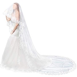 TINTON LIFE® Wedding Bridal Veil Cathedral Lace Edge Womem's Long Appliques Veil 2 Tier, Light Ivory(5Meters)