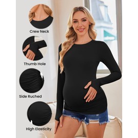 Ekouaer Maternity Shirts Womens Long Sleeve Pregnancy Clothes Side Ruched Crew Neck Tops Casual Tshirts 3 Pack Black/White/Brown M