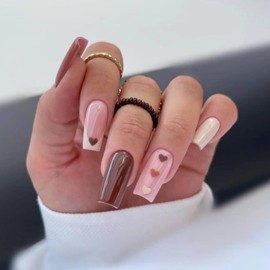 24 Pcs Valentines Press on Nails Long Square Fake Nails Nude Pink False Nails with Grey Heart Designs Glossy Full Cover Stick on Nails for Women Girls Valentines Nails