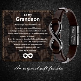 VGWON Grandson Bracelet, Grandson Gifts from Grandma Nana Grandpa Grandparents, Infinity Knot Leather Bracelet, Birthday Christmas Gift for Grandson Teenage Teens