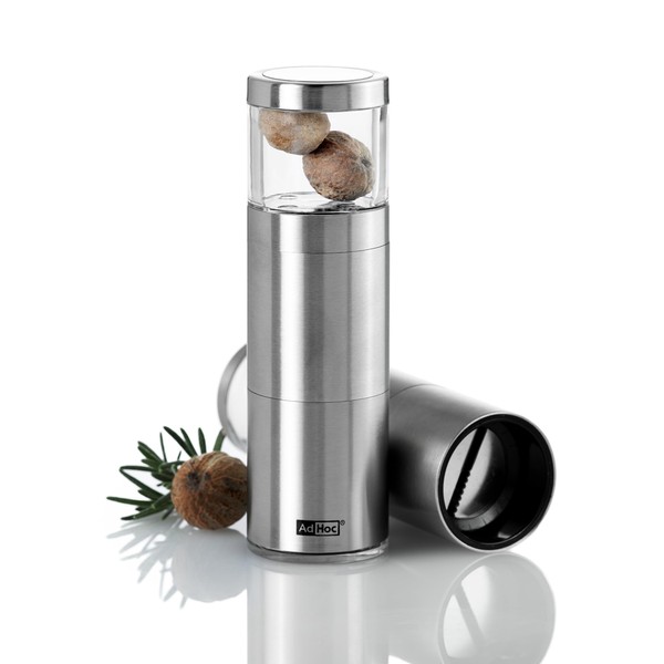 AdHoc Muskatino Nutmeg Mill Exclusive Set Consisting of 1 x Nutmeg Grater and 4 x Elegant Nutmeg Nut as a Gift Stainless Steel Acrylic