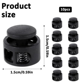 Ajcotahm 10Pcs Toggles for Drawstrings, Plastic Spring Cord Locks Black Dual-Holes Shoe Lace Tie Locks Drawstring Stopper Fastener for Shoelaces Drawstrings Sweatpants Hats Clothing Bags (Round)