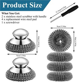 PXIRQ 7Pcs Steel Wool Scrubber with Handle - Stainless Steel Scrub Brush Set for Scouring Stubborn Messes from Cast Iron, Pots, Pans, Grill, Stoves, Sink (2 Scrubber + 4 Pads + 1 Screwdriver)