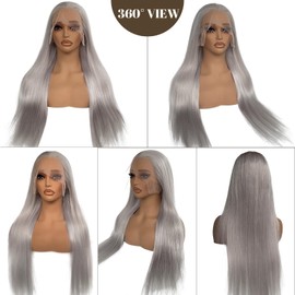 Belaved Human Hair Wigs Grey 180% Density Long Straight 13x6 Lace Front Wig Human Hair for Women Free Part HD Transparent Silver Grey Lace Frontal Wigs Invisible Knots Pre Plucked 28 Inch