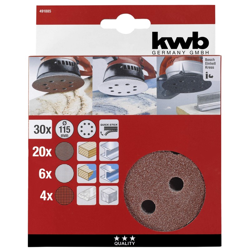 kwb 30-Piece Sanding Discs Set Diameter 115 mm in Various