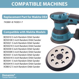 5 Inch 8 Hole Hook and Loop Metal Orbital Sander Pad Compatible with Makita BO5010 BO5030 BO5031 BO5041 XOB01Z Random Orbital Sander, 3 Screw Holes Sanders Replacement Pad Part for 743081-8 743051-7