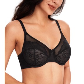 Lemorosy Women's Full Coverage Minimizer Unpadded Underwire Bras Breathable Lace Everyday Bra(Black,38DD)