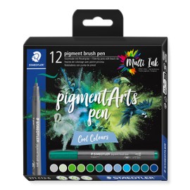 STAEDTLER Brush Pen Pigment Arts, Premium Drawing Ink, Brush Tip for Variable Line Width, Waterproof, Quick-Drying, 12 Brush Pens in Assorted Colours in Cardboard Case, 371 C12-6