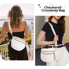 kuifang Checkered Bum Bag Crossbody Bag for Women, Spacious Purse Oversized Fanny Packs（Beige）