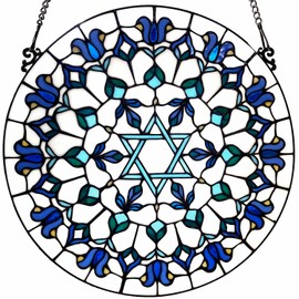 Bieye W10110 Star of David Tiffany Style Stained Glass Window Panel, 16-Inch Round Hanukkah Suncatcher, Hanging Judaica Decor