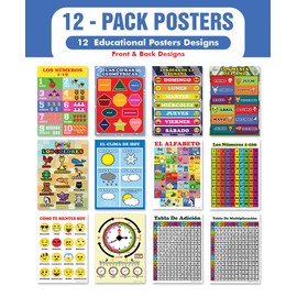Spanish English Bilingual Numbers, Colors, Days of The Week, Months Educational Posters (12-Pack) - Fun Activities Stocking Stuffers – Teaching Set – Supplementary Homeschooling Aid