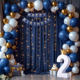 Navy Blue Backdrop Curtains with Lights for Parties,10x10FT Wrinkle Free Wedding Photo Backdrop Curtains for Baby Shower Birthday Graduations Home Party Decorations-5ft x 10ft