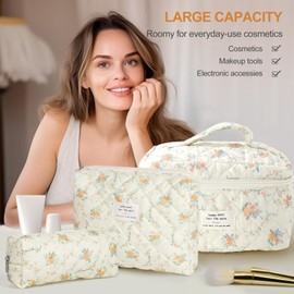 TOPALL Makeup Bag,Cosmetic Bag,Floral Cotton Quilted Makeup Bag,Classic Toiletry Bag,Cosmetic Pouch,Makeup Bag for Women Girls,Orange Flower