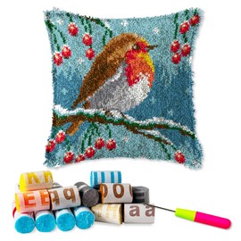 DL-YTG Latch Hook Kits Pillow Winter Bird Crochet Yarn Cushion Colour Pre-Printed Canvas Rug Needlework DIY Pillowcase Hook and Latch Kit Christmas Home Arts Crafts Sofa Decoration 42x42cm/17 X17
