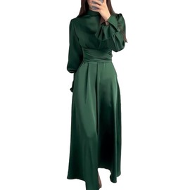xxxiticat Women's Green Satin Dress Long Lantern Sleeve Mock Neck Puff Shoulder Tie Waist Pleated Cocktail Maxi Slip Dresses(GR,M)