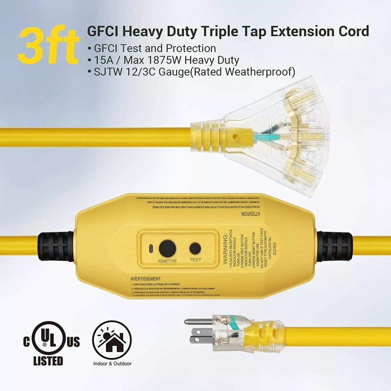 DEWENWILS 3FT Tri-Tap GFCI Extension Cord Heavy Duty 12/3 SJTW