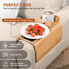 Joy&Grace Sofa Armrest Tray with Large Mug Cup Holder - Bamboo Couch Arm Tray Anti-Slip Couch Cup Holder Tray Clip - Foldable Sofa Arm Table Tray on Wide Couches for Eating Drinks Cellphone Remote