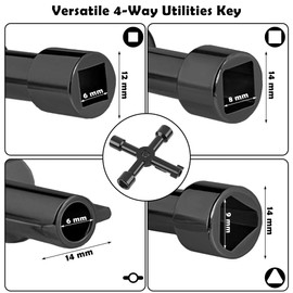 Vivantia 4-Way Utility Key for UK Gas Meters - 8mm Tri/8mm Square Holes - Rustproof, 56g (Black)