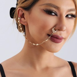 Rannyrena Punk Boho Nose Ring Hoop with Chain Tassel Fake Septum Ring Ear to Nose No Piercing Ear Cuff Indian Jewelry for Women (Gold heart)